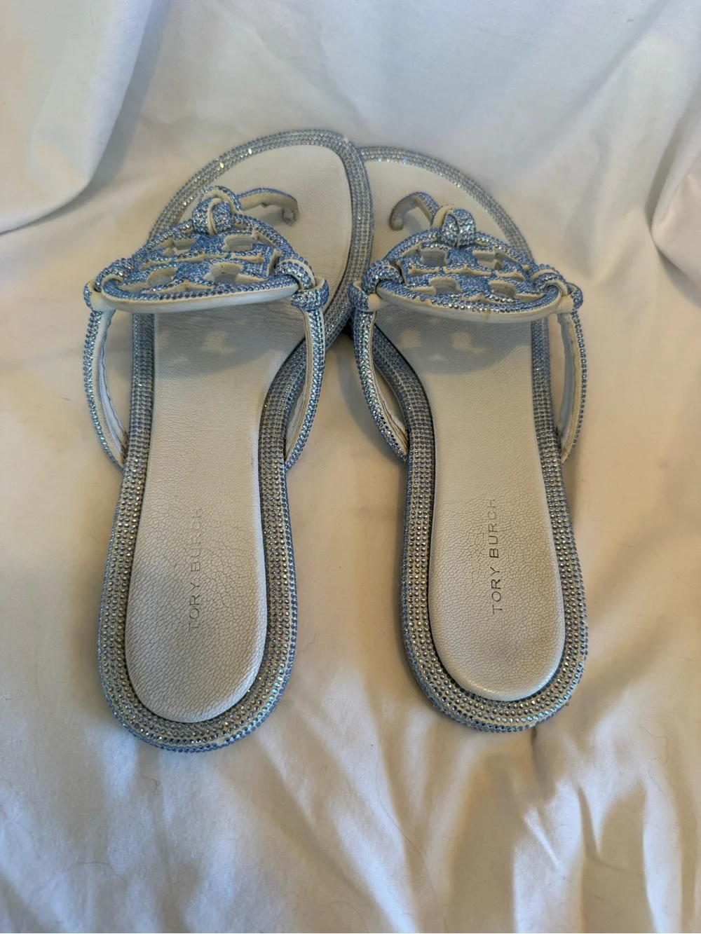 Tory Burch Light Blue rhinestone sparkling Logo Thong Sandals